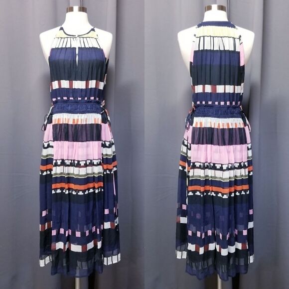 APIECE APART Lippard Multi Color Striped Chiffon Silk Midi Dress 4 - Picture 3 of 13